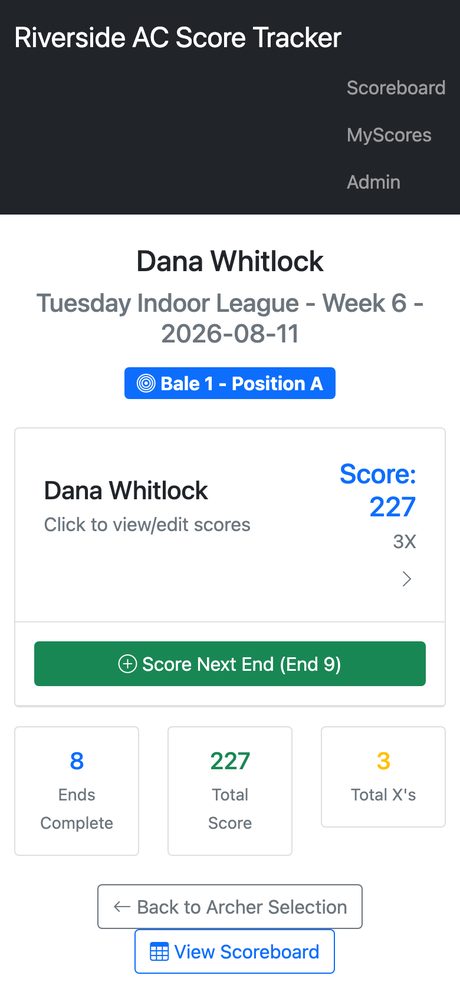 Score entry on a phone: an archer's card showing ends complete, total score and X count
