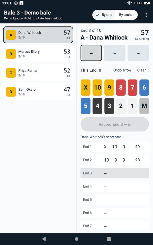 The bale scoring app on a Fire tablet: the archers on this bale down one side, the scoring keypad and scorecard down the other